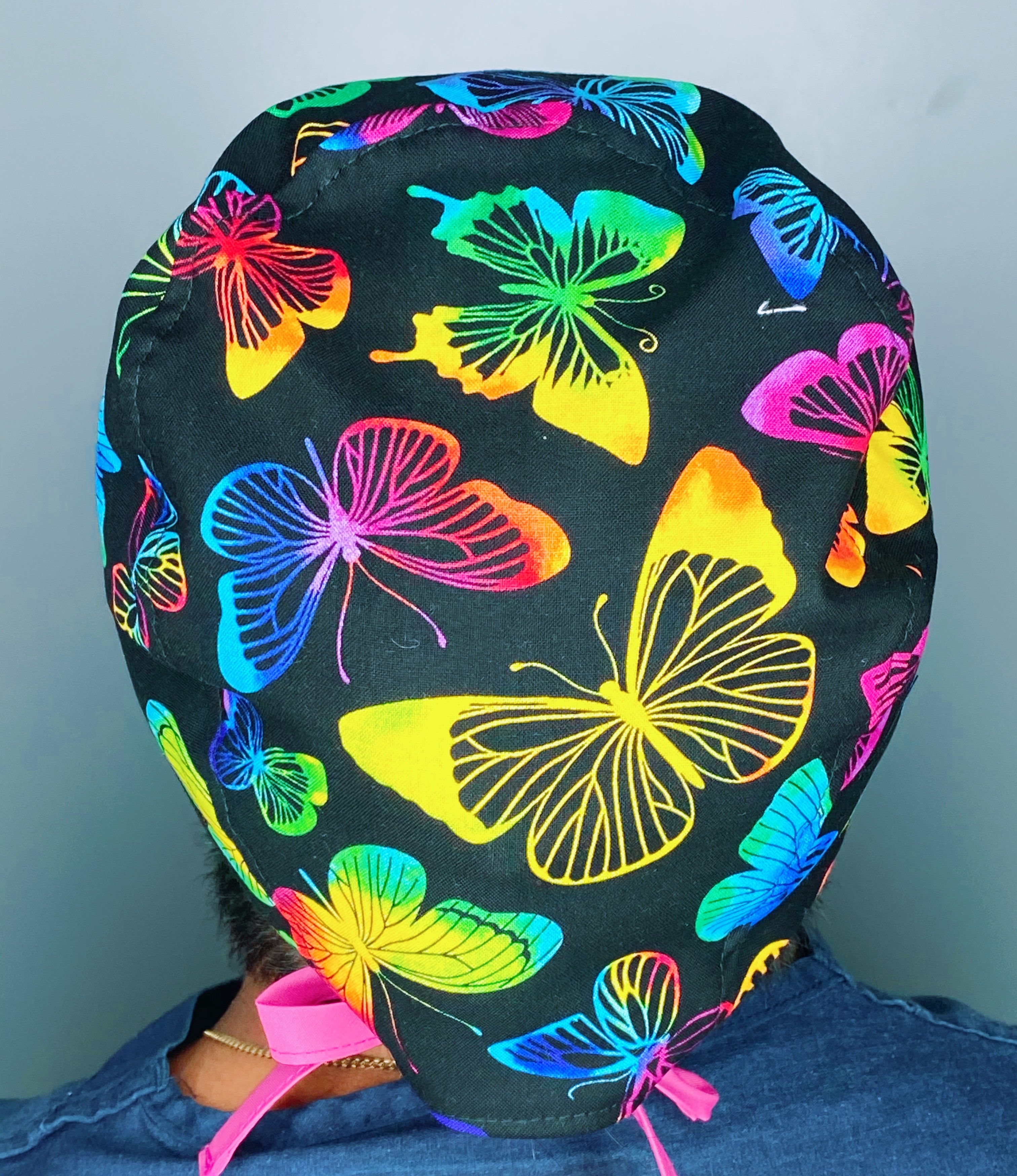 Neon Colorful Butterflies on Black Unisex Animal Scrub Cap