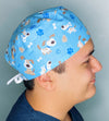 Pups Paws & Bones on Blue Unisex Animal Scrub Cap