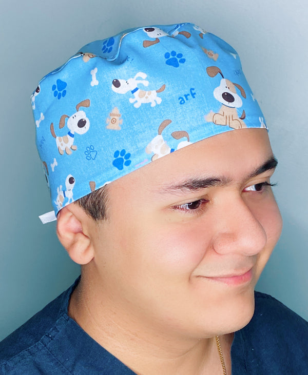 Pups Paws & Bones on Blue Unisex Animal Scrub Cap