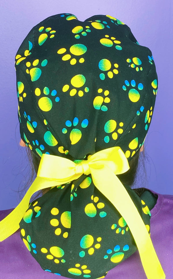 Tie Dye Green & Yellow Paw Prints on Black Animal Ponytail