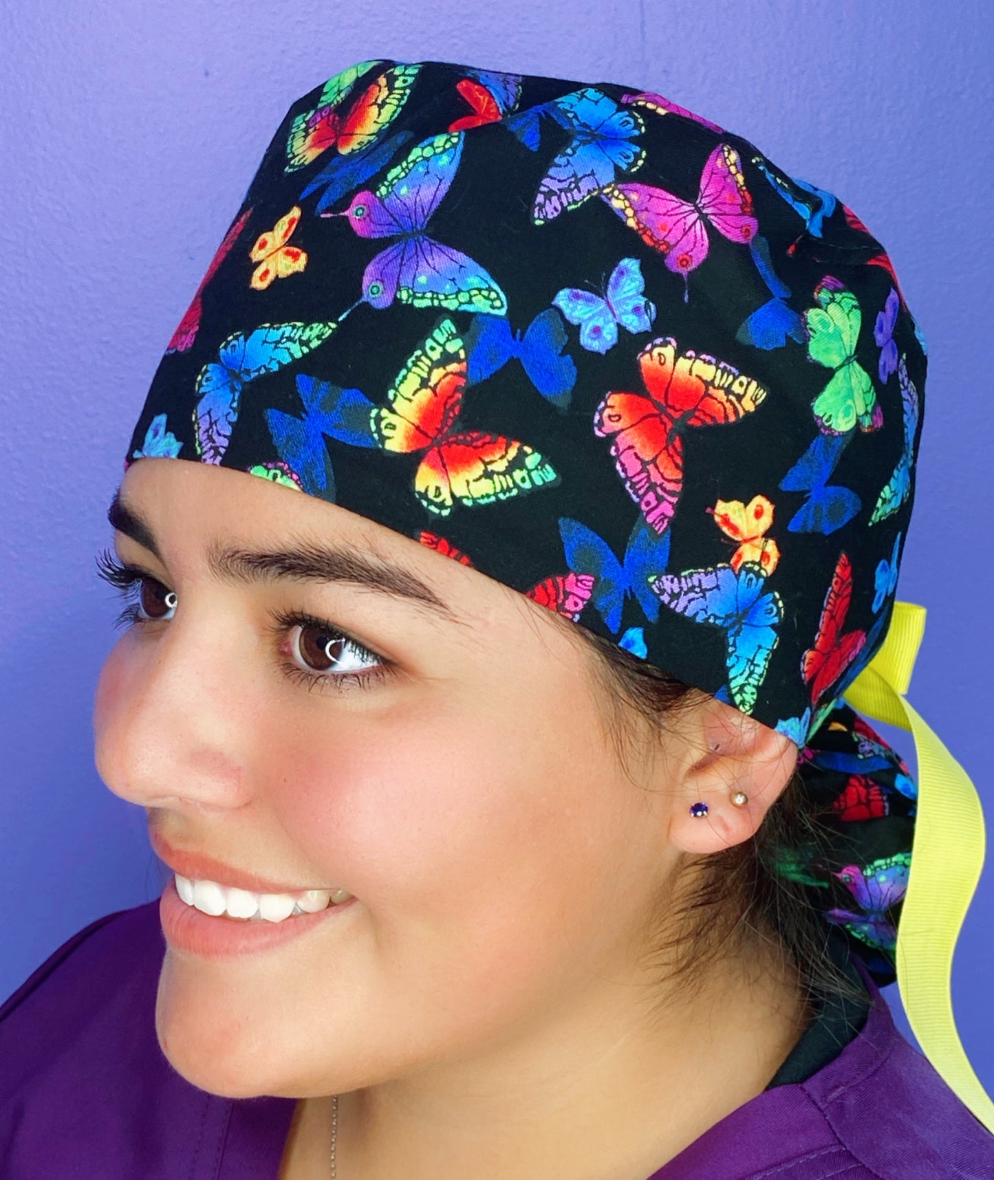 Neon Colorful Butterflies on Tropical Navy Blue Animal Ponytail