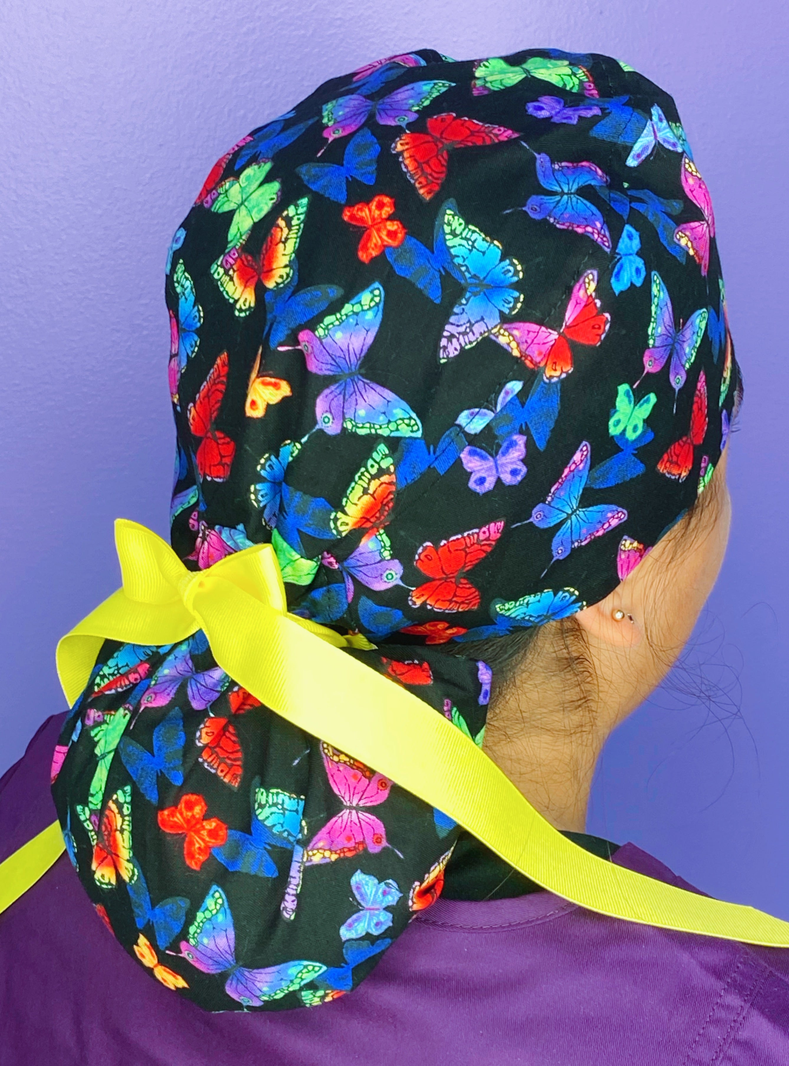 Neon Colorful Butterflies on Tropical Navy Blue Animal Ponytail