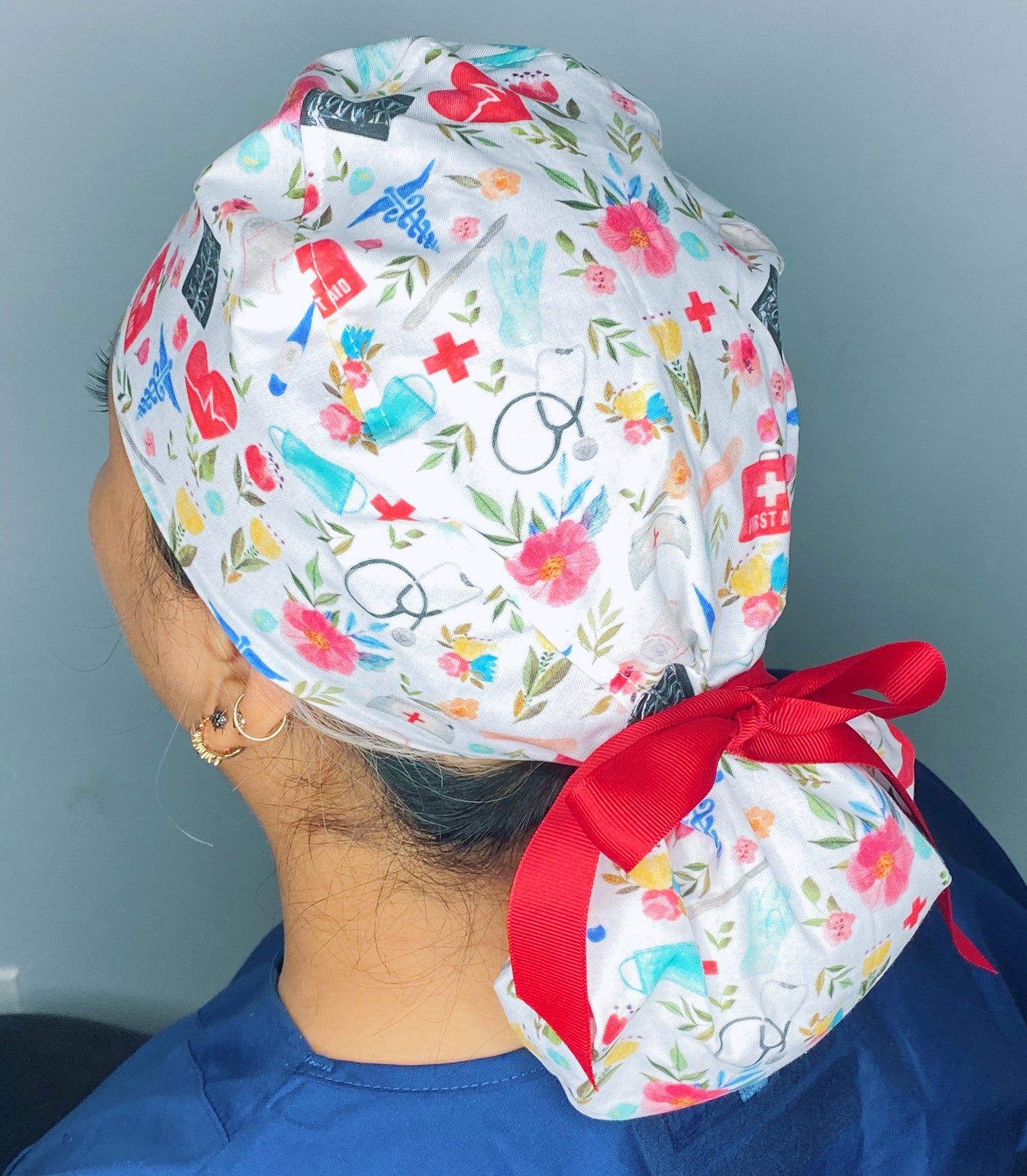 Floral Watercolor White Floral Medical Themed Design Ponytail