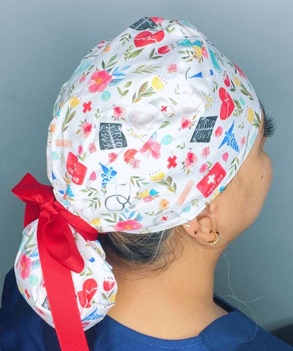 Floral Watercolor White Floral Medical Themed Design Ponytail