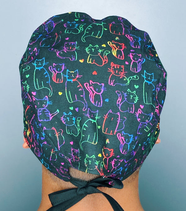 Neon Colored Cat Doodles on Black Unisex Animal Scrub Cap