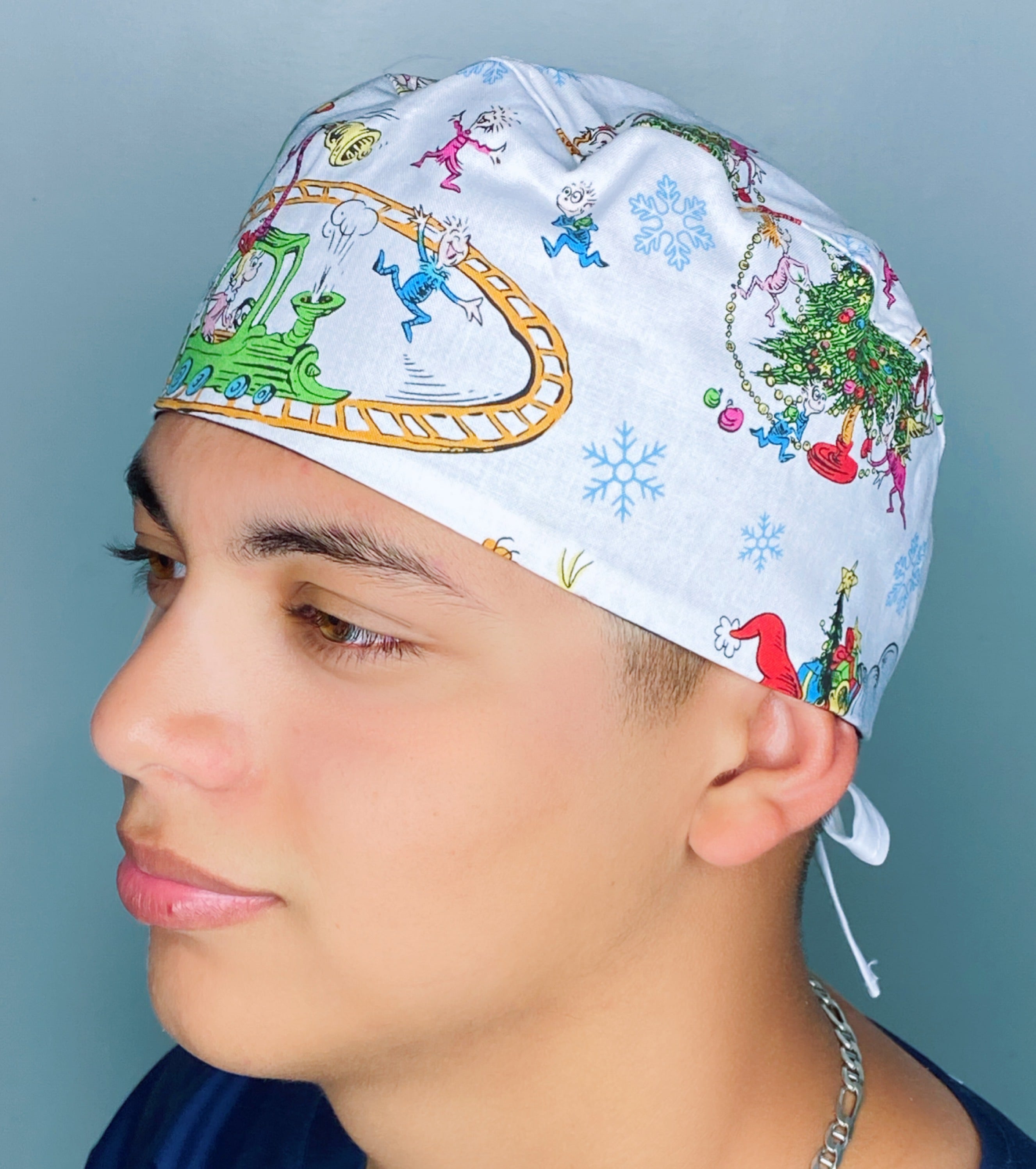 A Whoville Grinchmas Christmas/Winter themed Unisex Holiday Scrub Cap