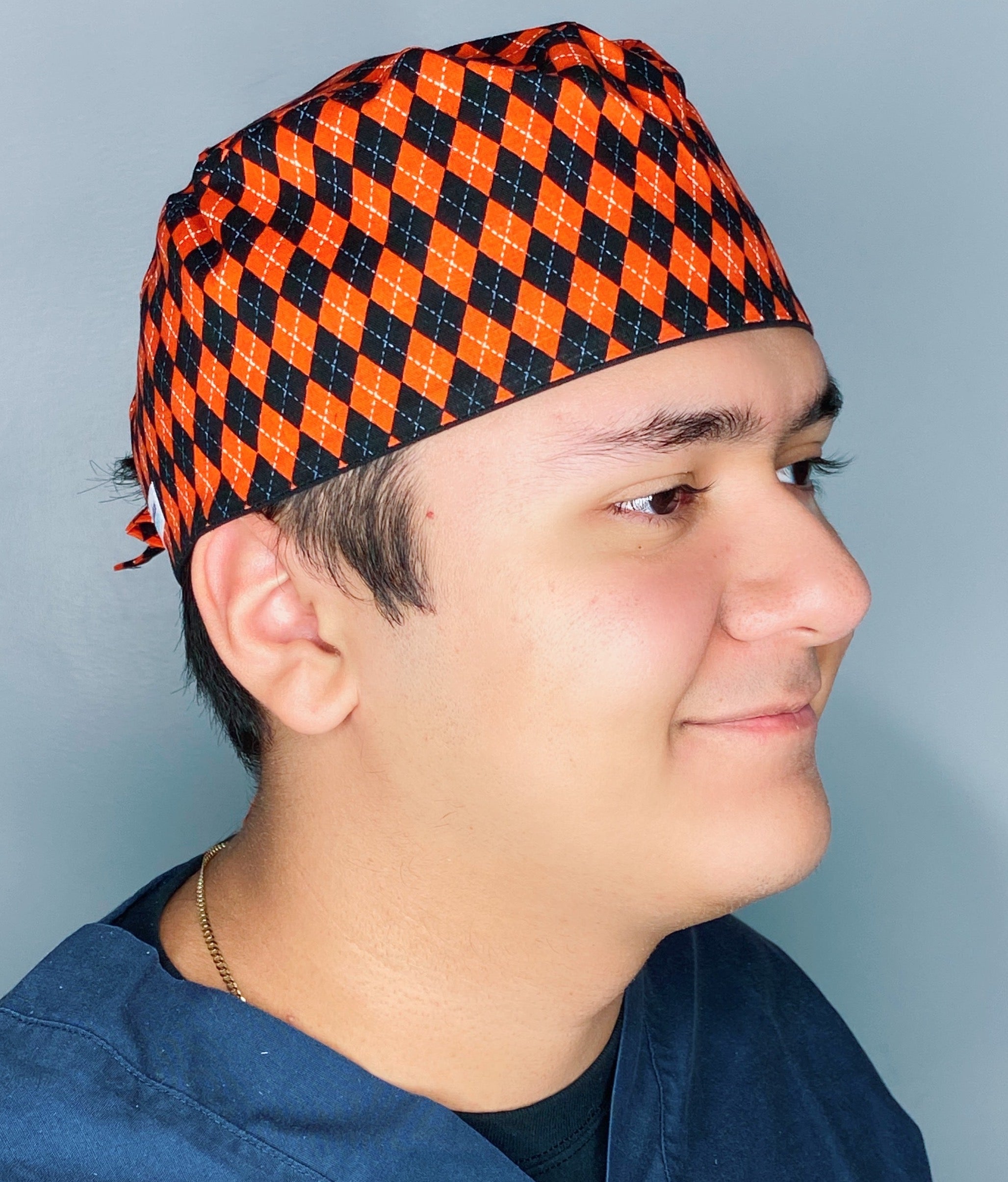 Orange & Black Plaid Design Unisex Holiday Scrub Cap