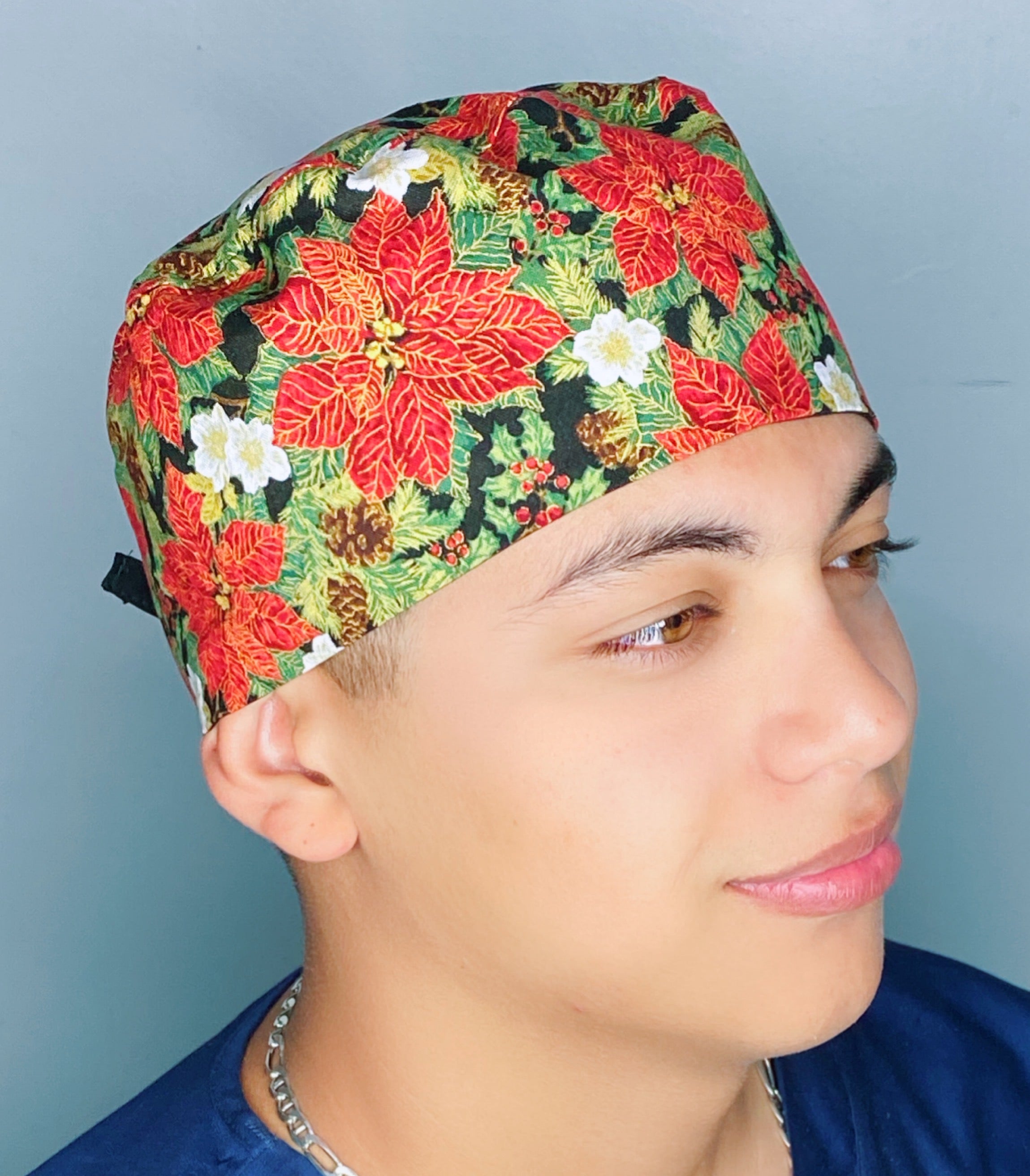 Poinsettias & Pinecones Metallic Christmas/Winter themed Unisex Holiday Scrub Cap