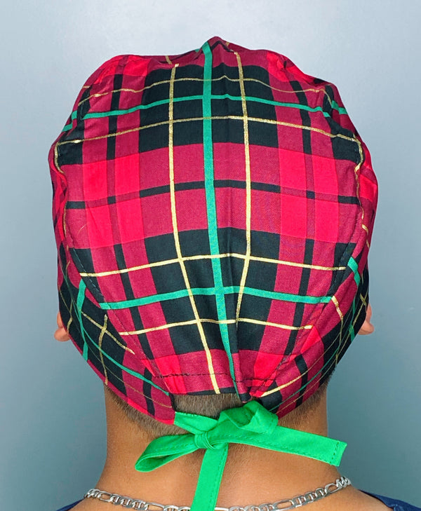 Red, Green & Gold Plaid Design Christmas/Winter themed Unisex Holiday Scrub Cap