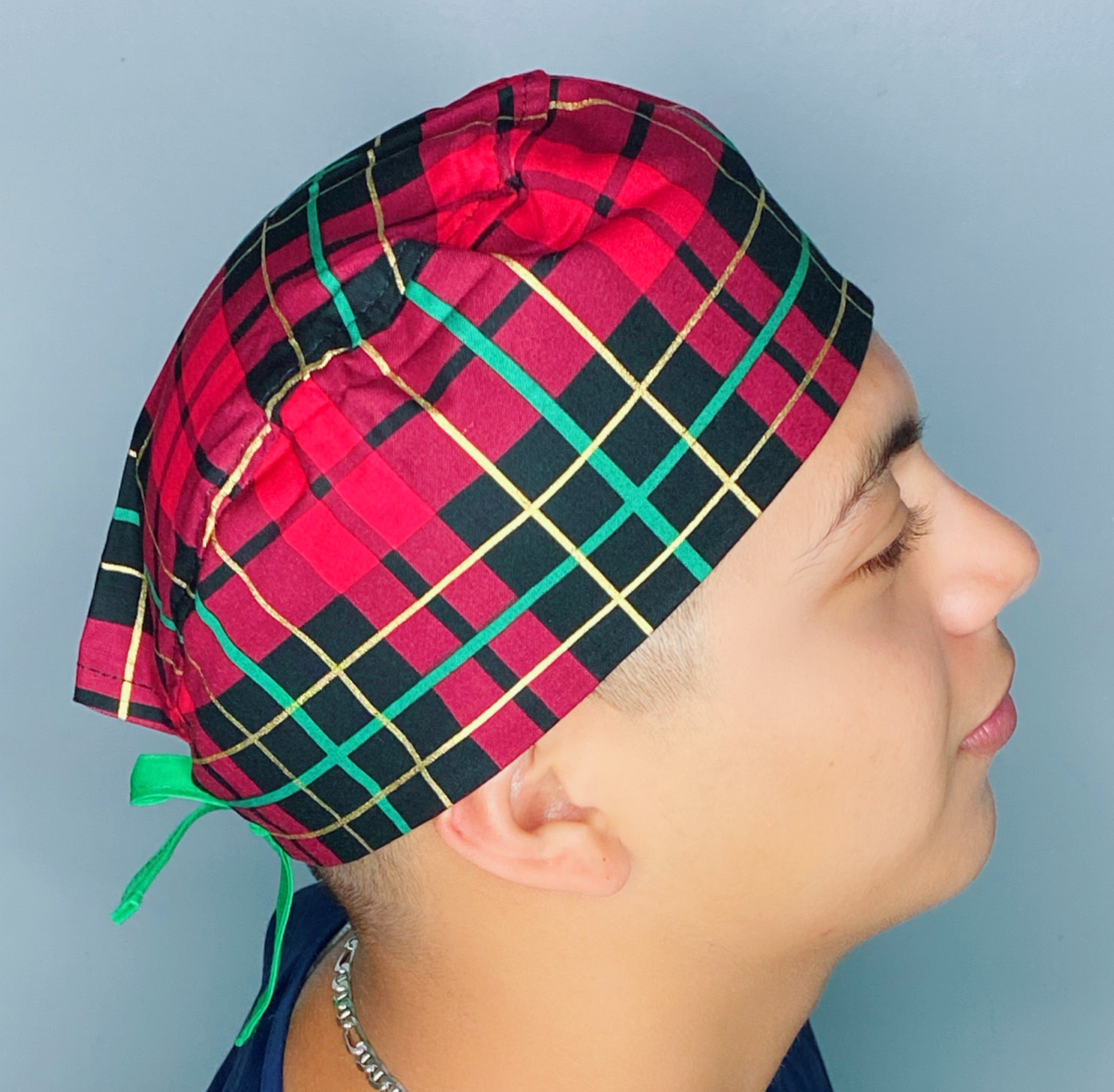 Red, Green & Gold Plaid Design Christmas/Winter themed Unisex Holiday Scrub Cap