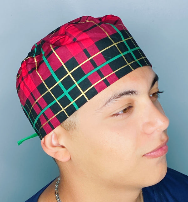 Red, Green & Gold Plaid Design Christmas/Winter themed Unisex Holiday Scrub Cap