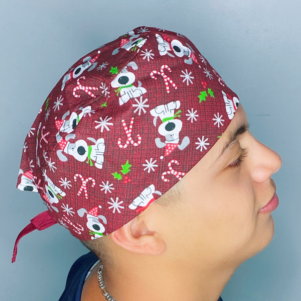 Festive Pups on Red Christmas/Winter themed Unisex Holiday Scrub Cap