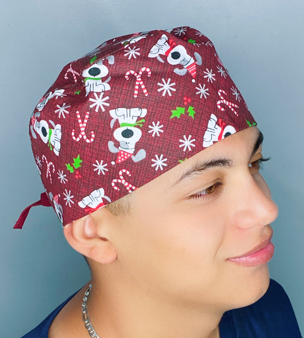 Festive Pups on Red Christmas/Winter themed Unisex Holiday Scrub Cap