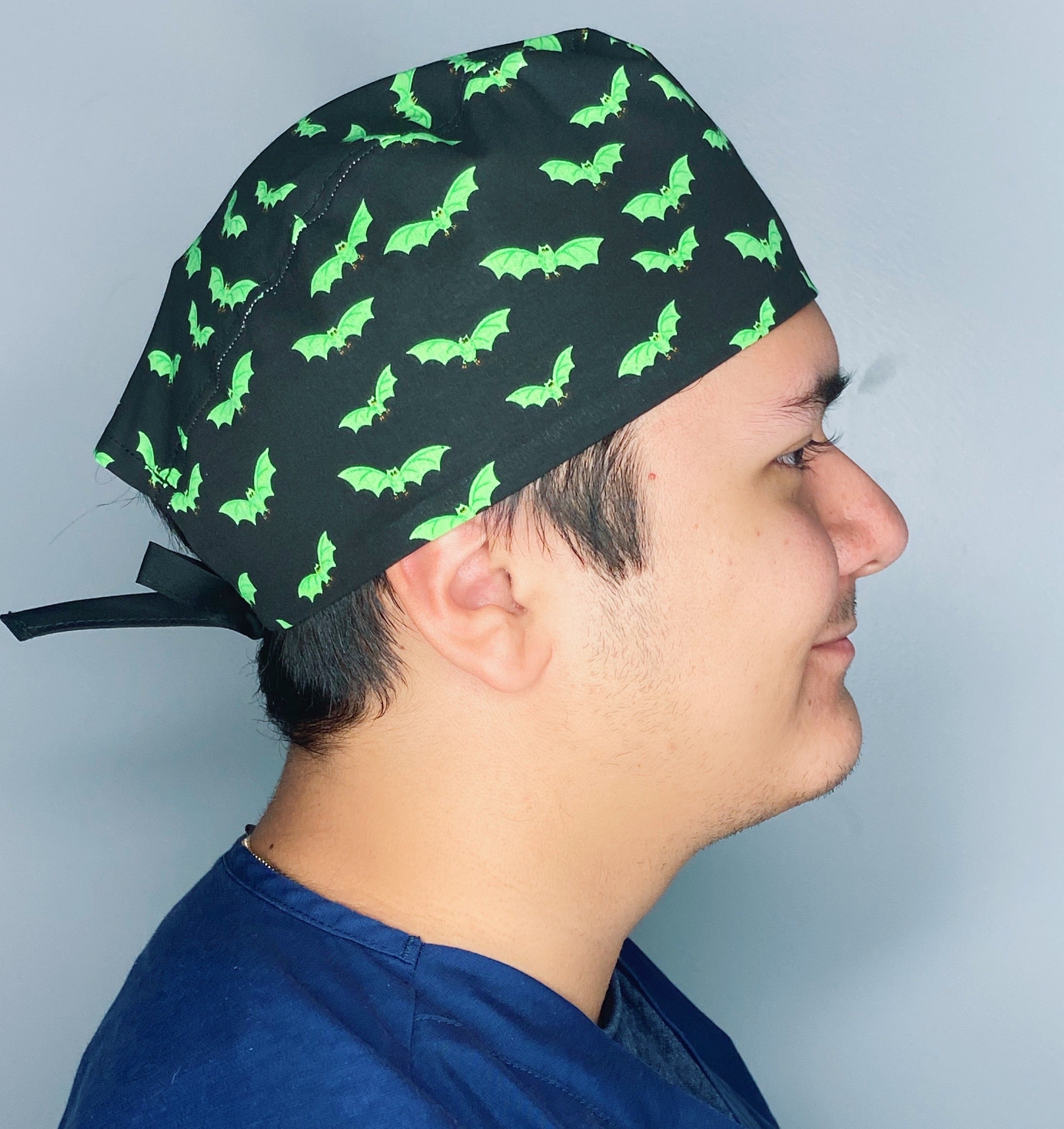 Neon Green Bats on Black Halloween Unisex Holiday Scrub Cap