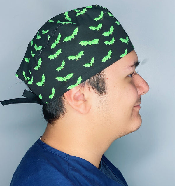 Neon Green Bats on Black Halloween Unisex Holiday Scrub Cap