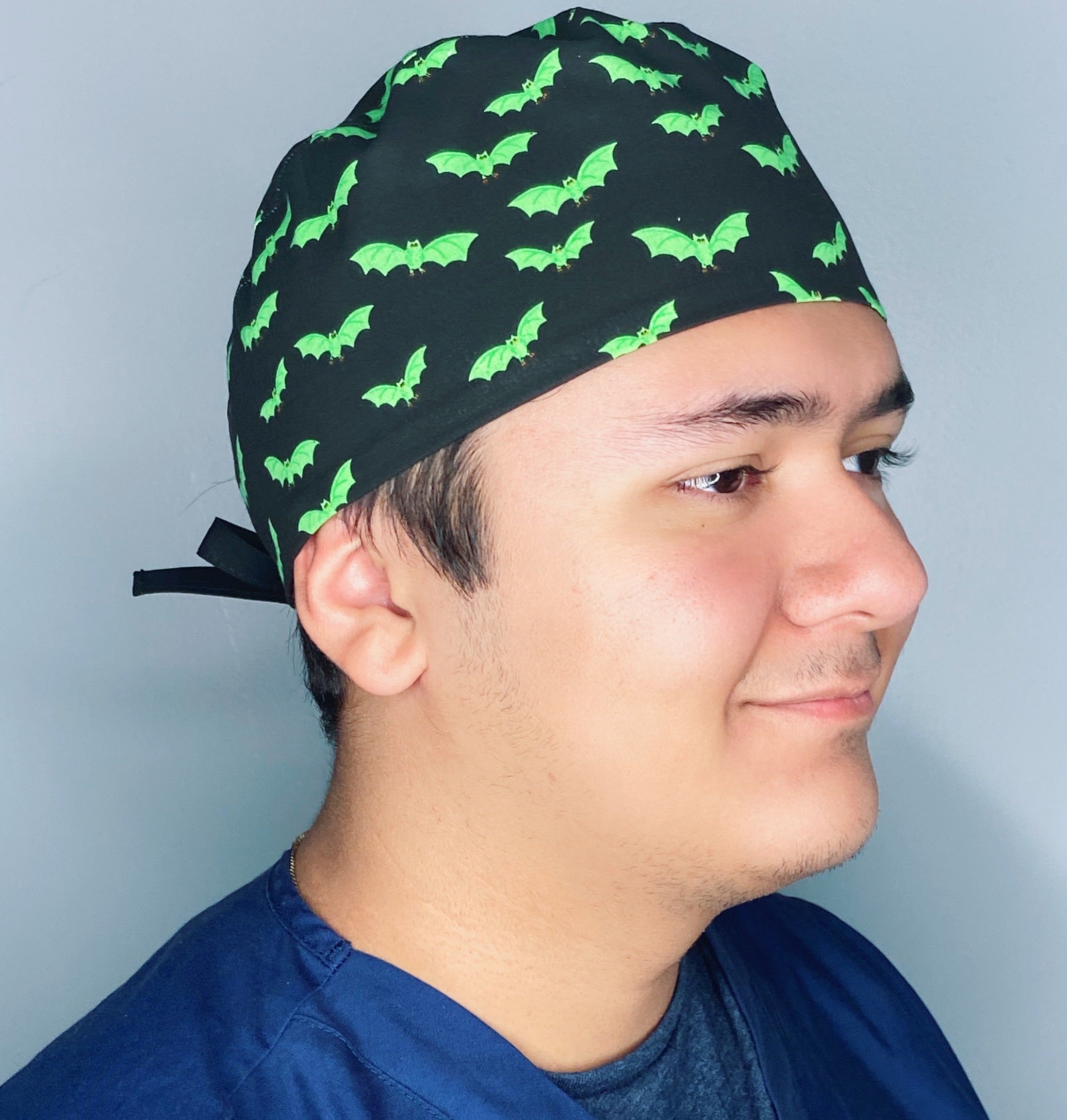 Neon Green Bats on Black Halloween Unisex Holiday Scrub Cap