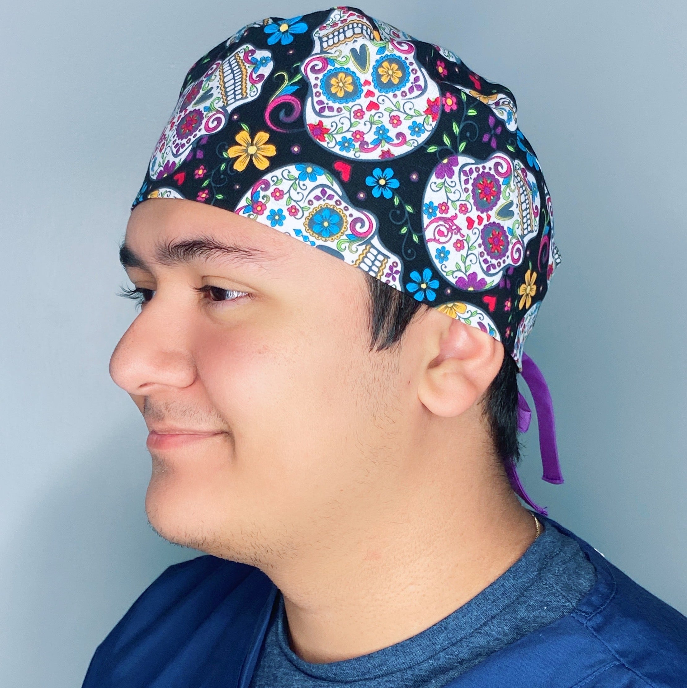 Colorful Mexican Sugar Skulls on Black Cinco de Mayo Unisex Holiday Scrub Cap