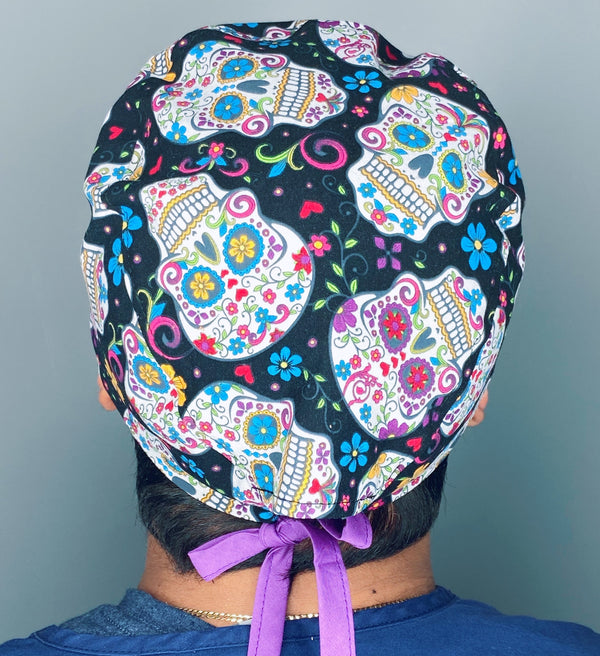 Colorful Mexican Sugar Skulls on Black Cinco de Mayo Unisex Holiday Scrub Cap