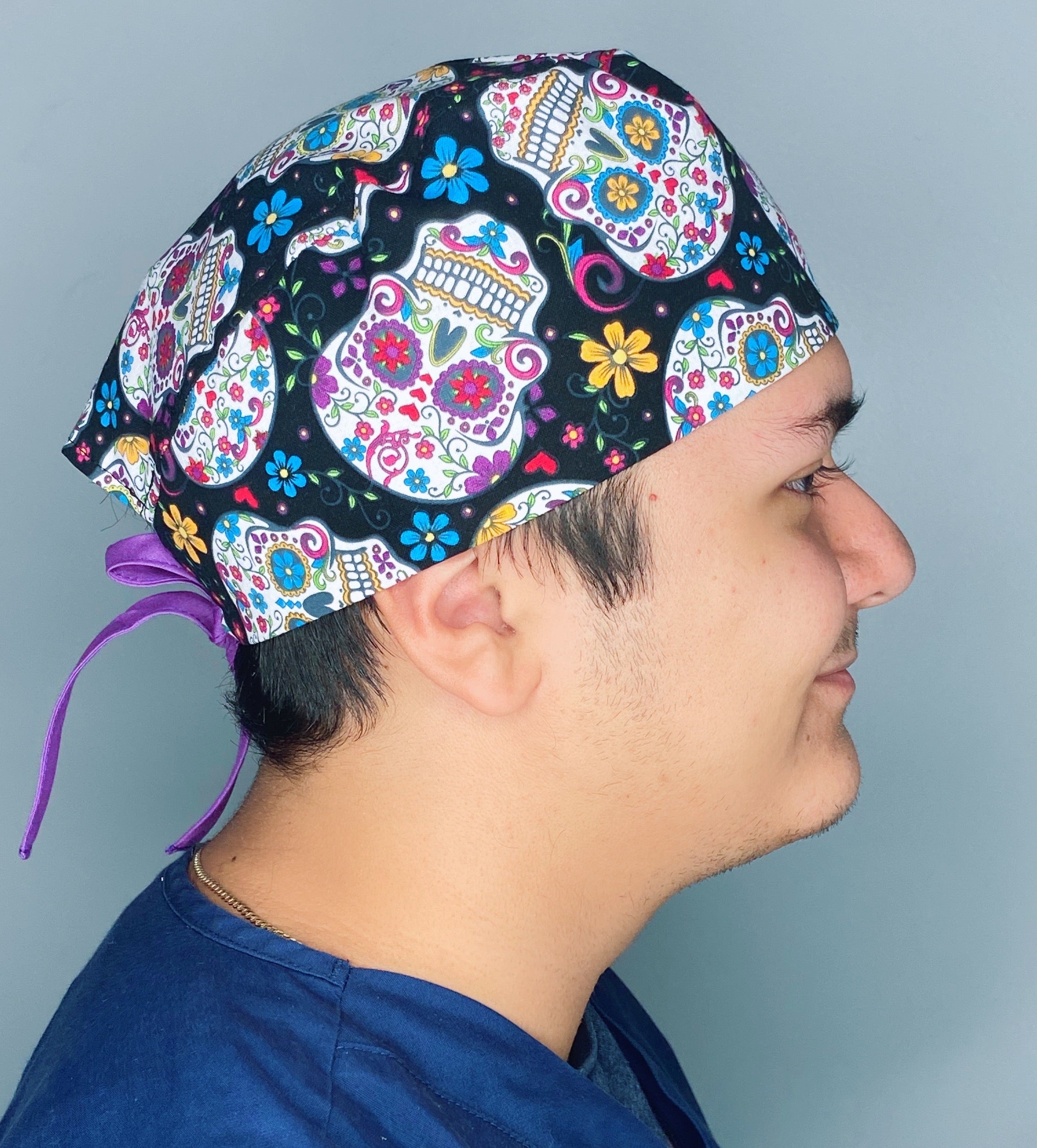 Colorful Mexican Sugar Skulls on Black Cinco de Mayo Unisex Holiday Scrub Cap