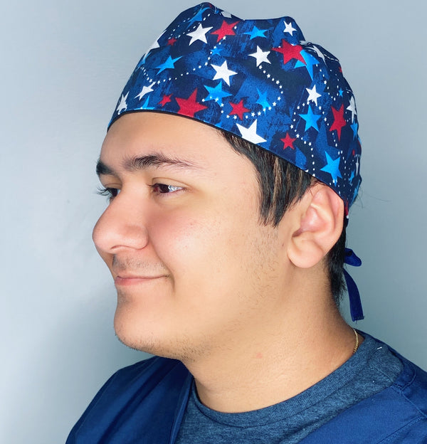 Red, White & Blue Stars on Blue Independence Day Unisex Holiday Scrub Cap