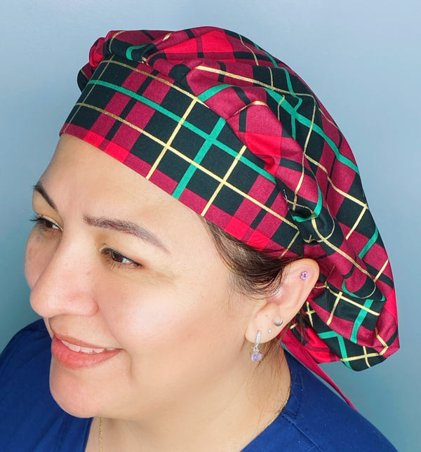 Red, Green & Gold Plaid Design Winter/Christmas Holiday Themed Bouffant
