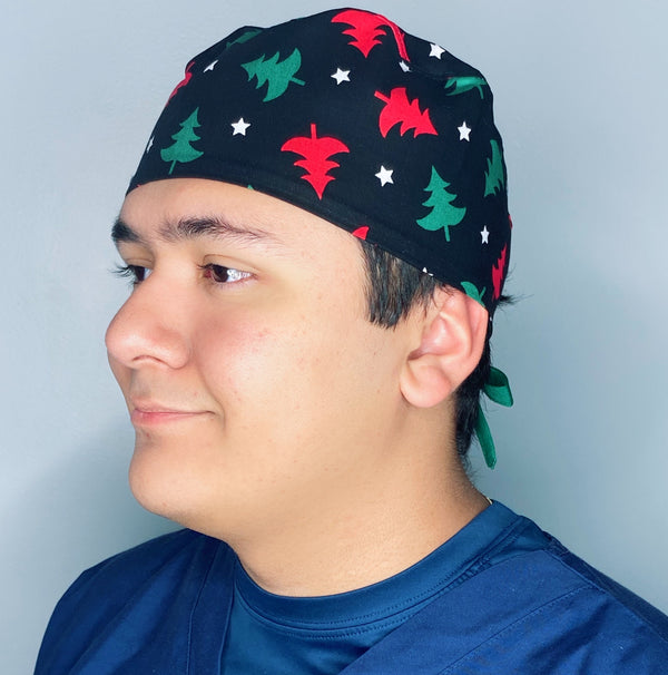Green & Red Christmas Trees Christmas/Winter themed Unisex Holiday Scrub Cap