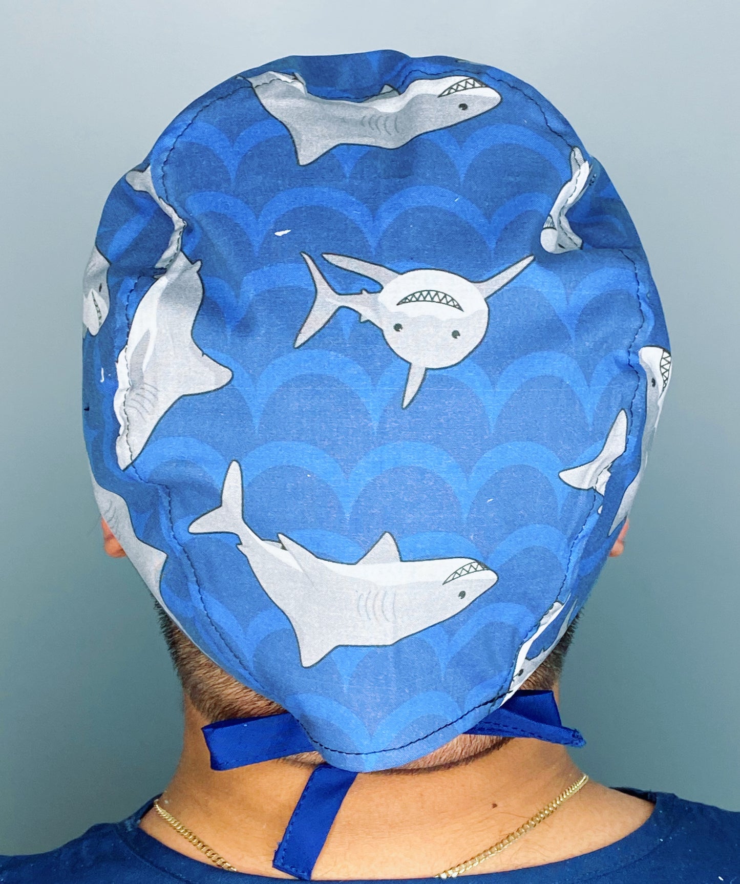 Cute Smiling Sharks on Blue Unisex Animal Scrub Cap