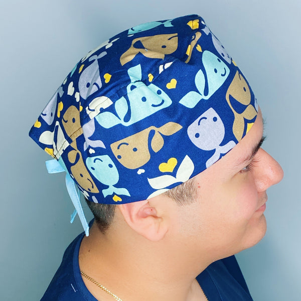 Cute Cartoon Whales on Navy Blue Unisex Animal Scrub Cap