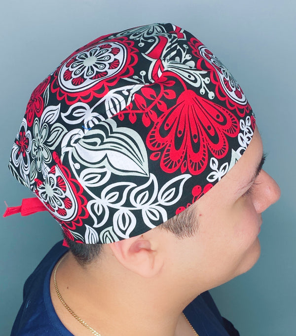 Red, Grey & White Mandala Floral Design Unisex Cute Scrub Cap