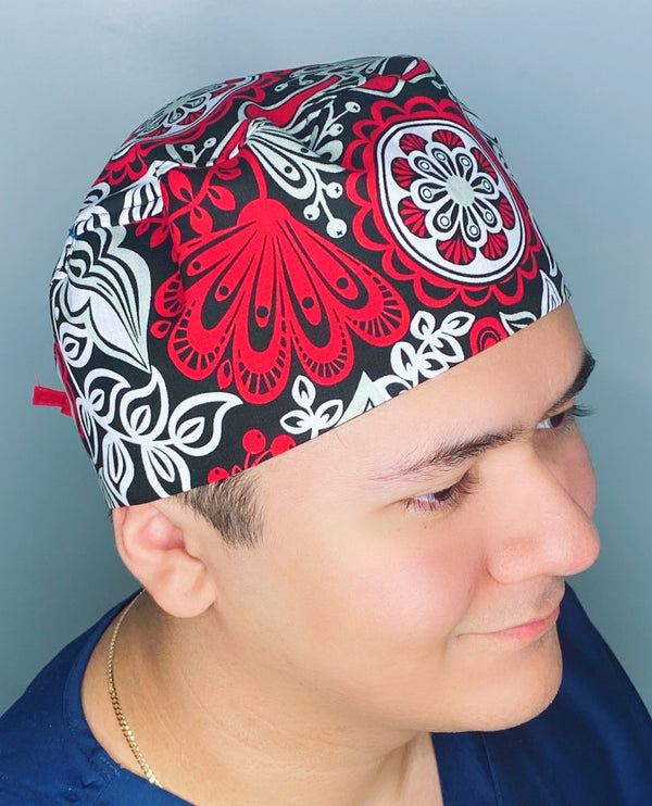 Red, Grey & White Mandala Floral Design Unisex Cute Scrub Cap