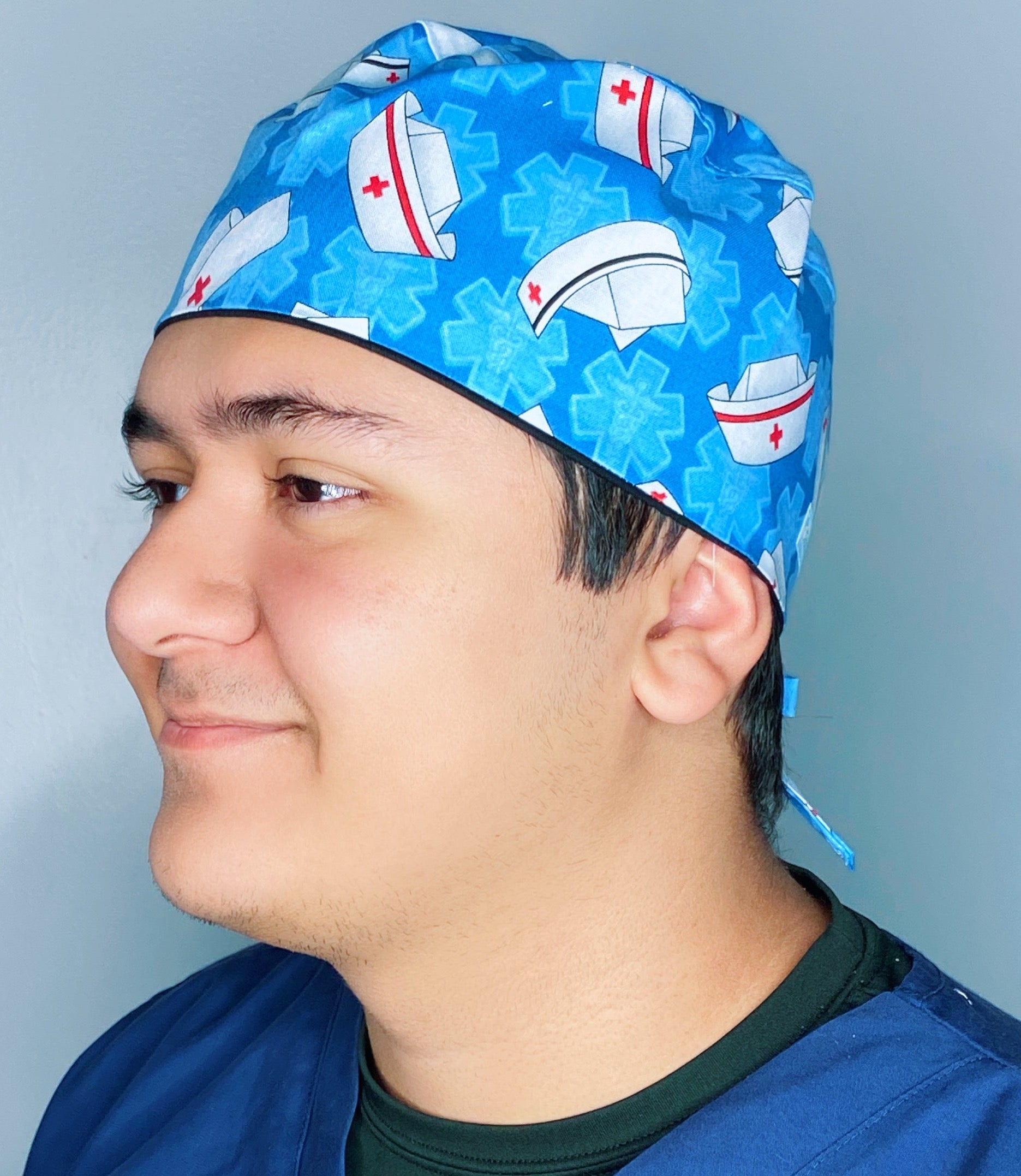 Vintage Nurse Hats & Caduceus on Blue Unisex Medical Theme Scrub Cap