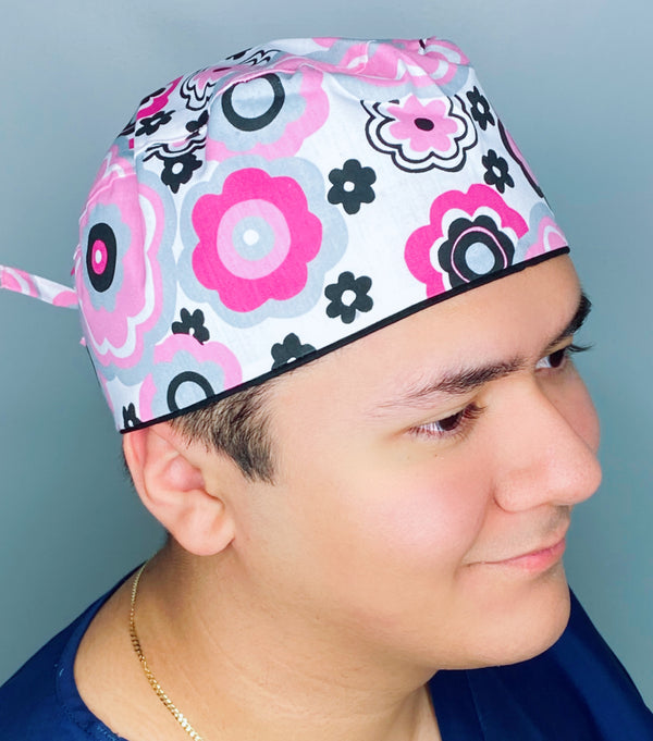 Pink & Grey Floral Design Unisex Cute Scrub Cap