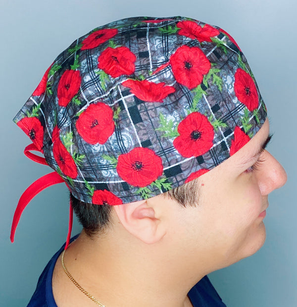 Red Flowers On Dark Grey Plaid Floral Design Unisex Cute Scrub Cap