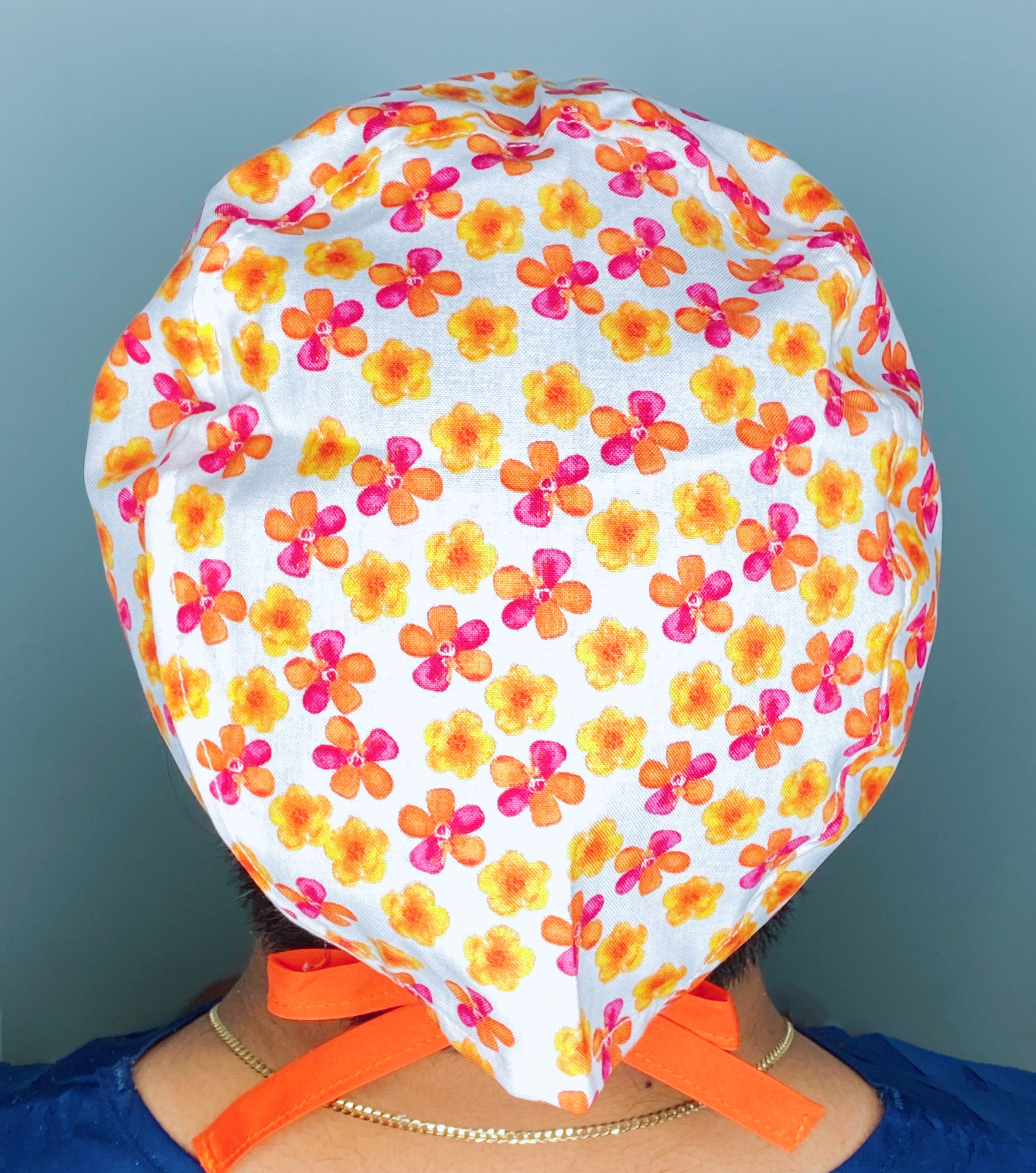 Small Orange & Pink Daisies on White Floral Design Unisex Cute Scrub Cap