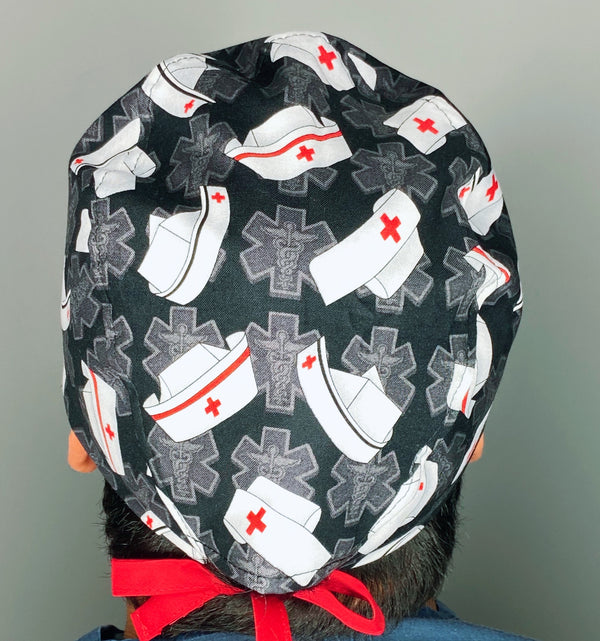 Vintage Nurse Hats & Caduceus on Black Unisex Medical Theme Scrub Cap