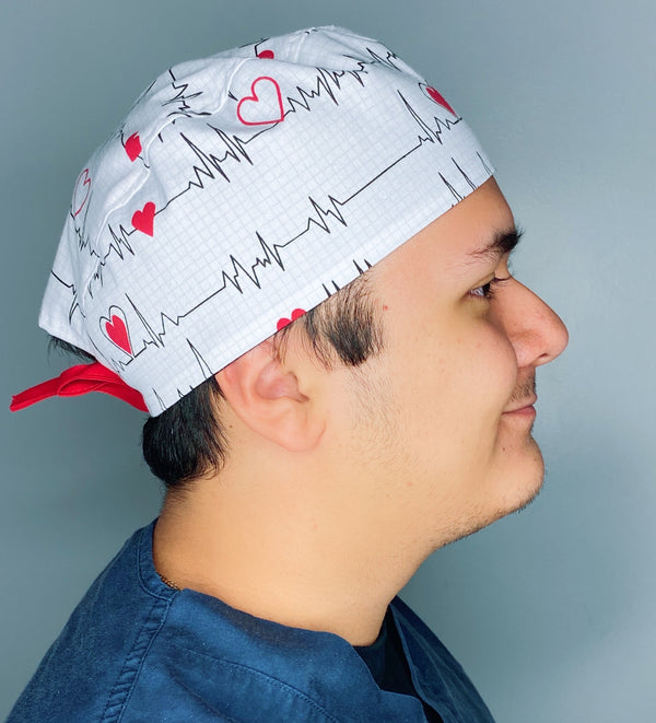 EKG & Hearts on White Unisex Medical Theme Scrub Cap