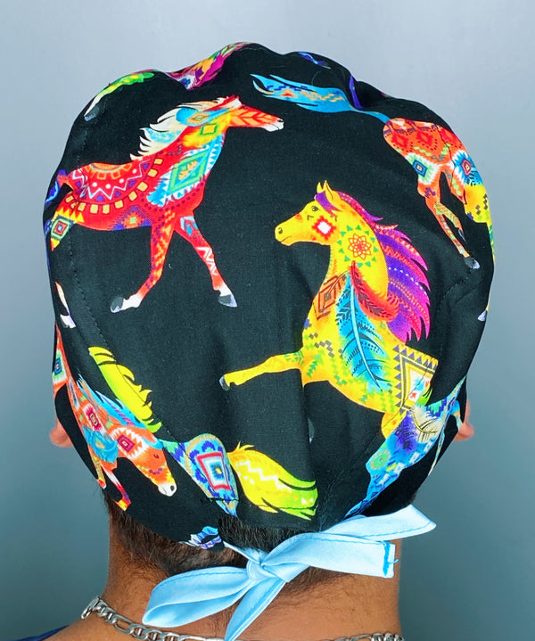 Colorful Aztec Horses on Black Unisex Animal Scrub Cap
