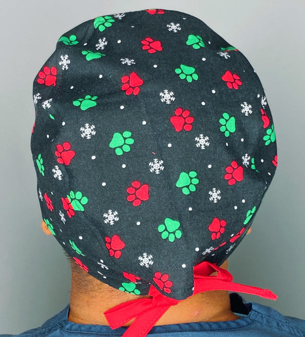 Red, Green Paws & Snowflakes Christmas/Winter themed Unisex Holiday Scrub Cap