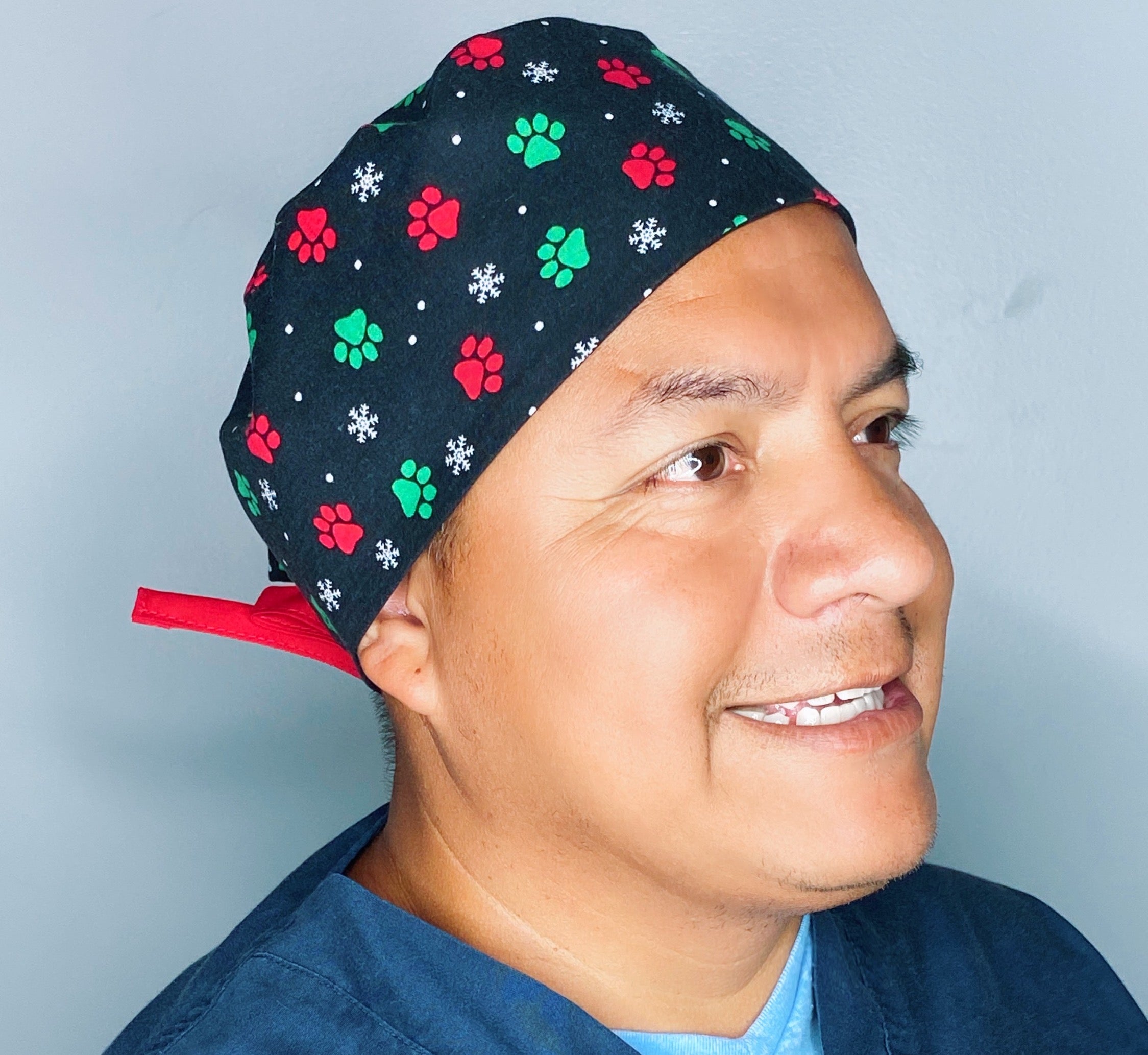 Red, Green Paws & Snowflakes Christmas/Winter themed Unisex Holiday Scrub Cap