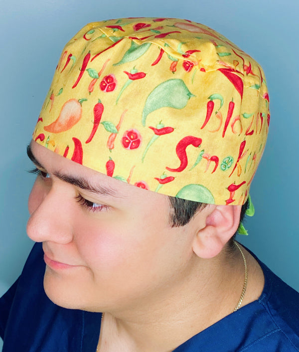 Hot Peppers on Yellow Unisex Food Scrub Cap