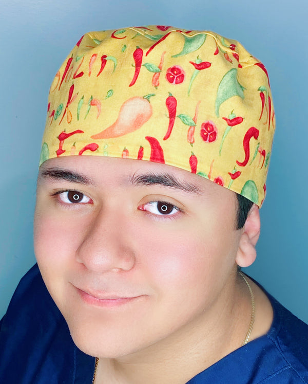 Hot Peppers on Yellow Unisex Food Scrub Cap