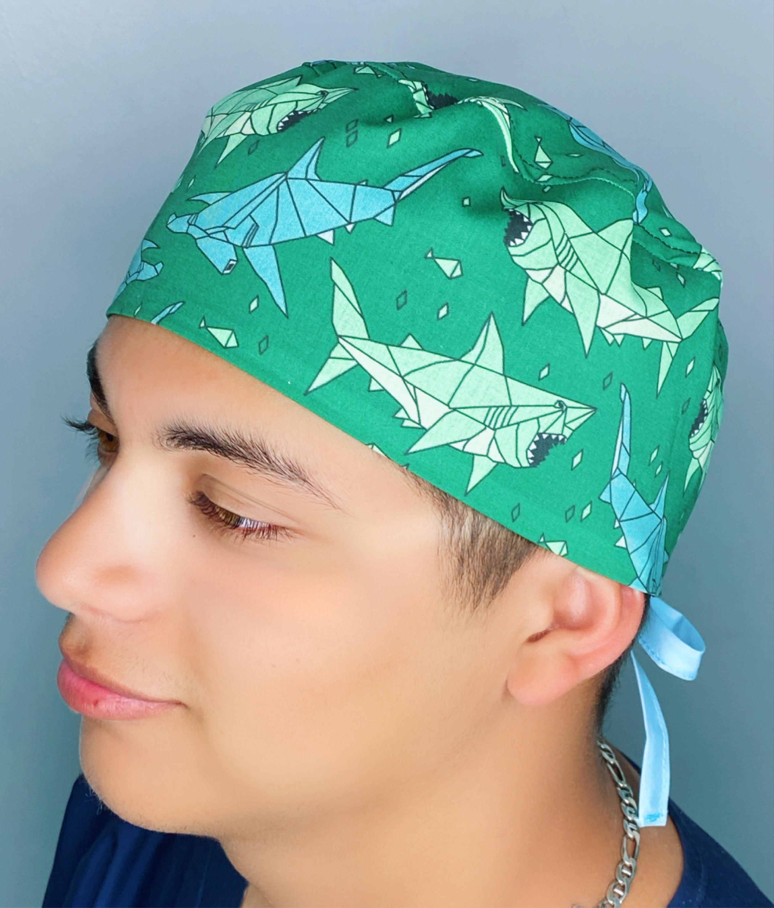 Geometric Sharks on Green Unisex Animal Scrub Cap