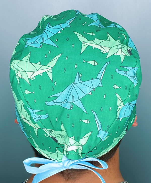 Geometric Sharks on Green Unisex Animal Scrub Cap