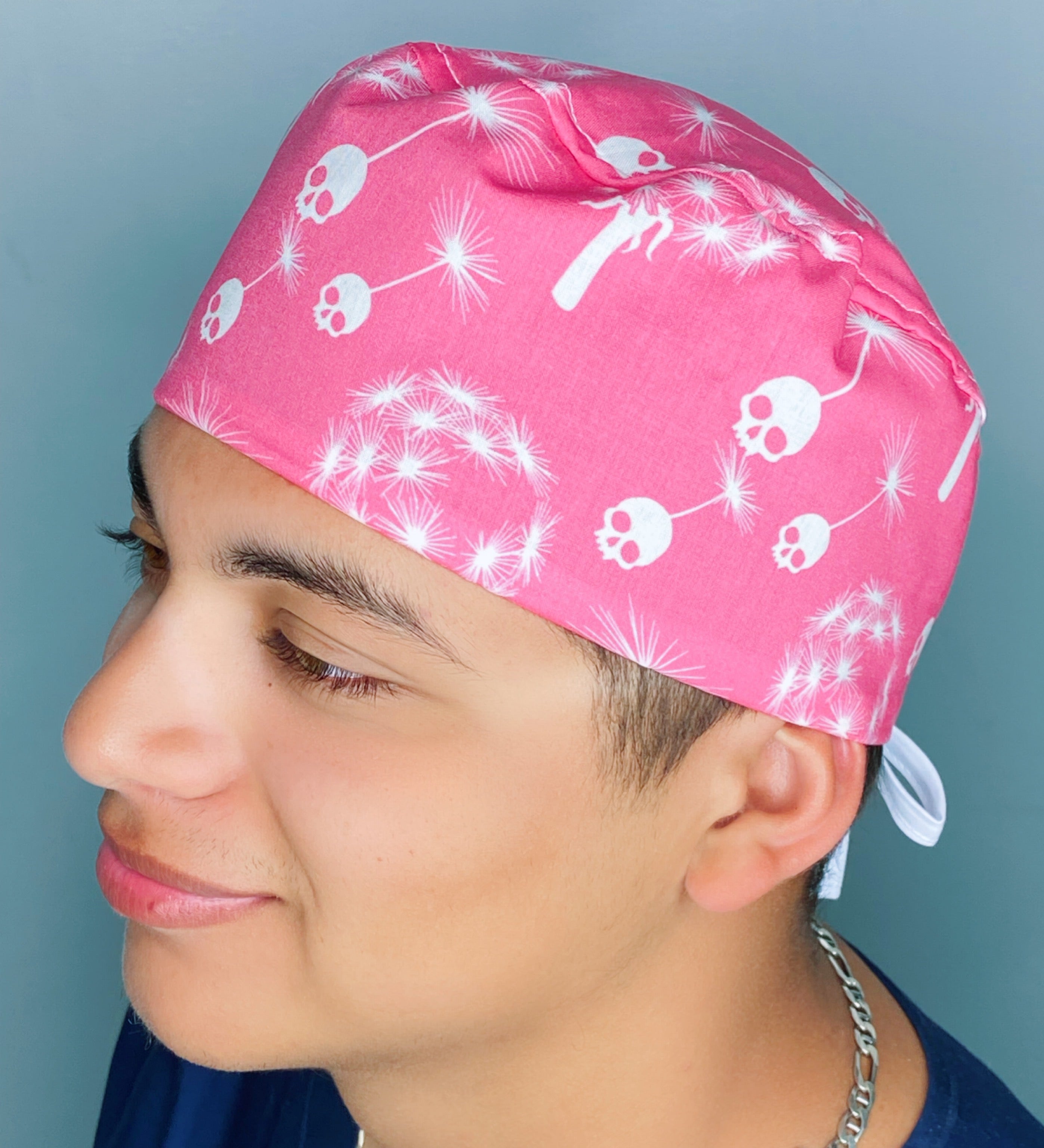 Skull Dandelions on Pink Floral Design Unisex Cute Scrub Cap