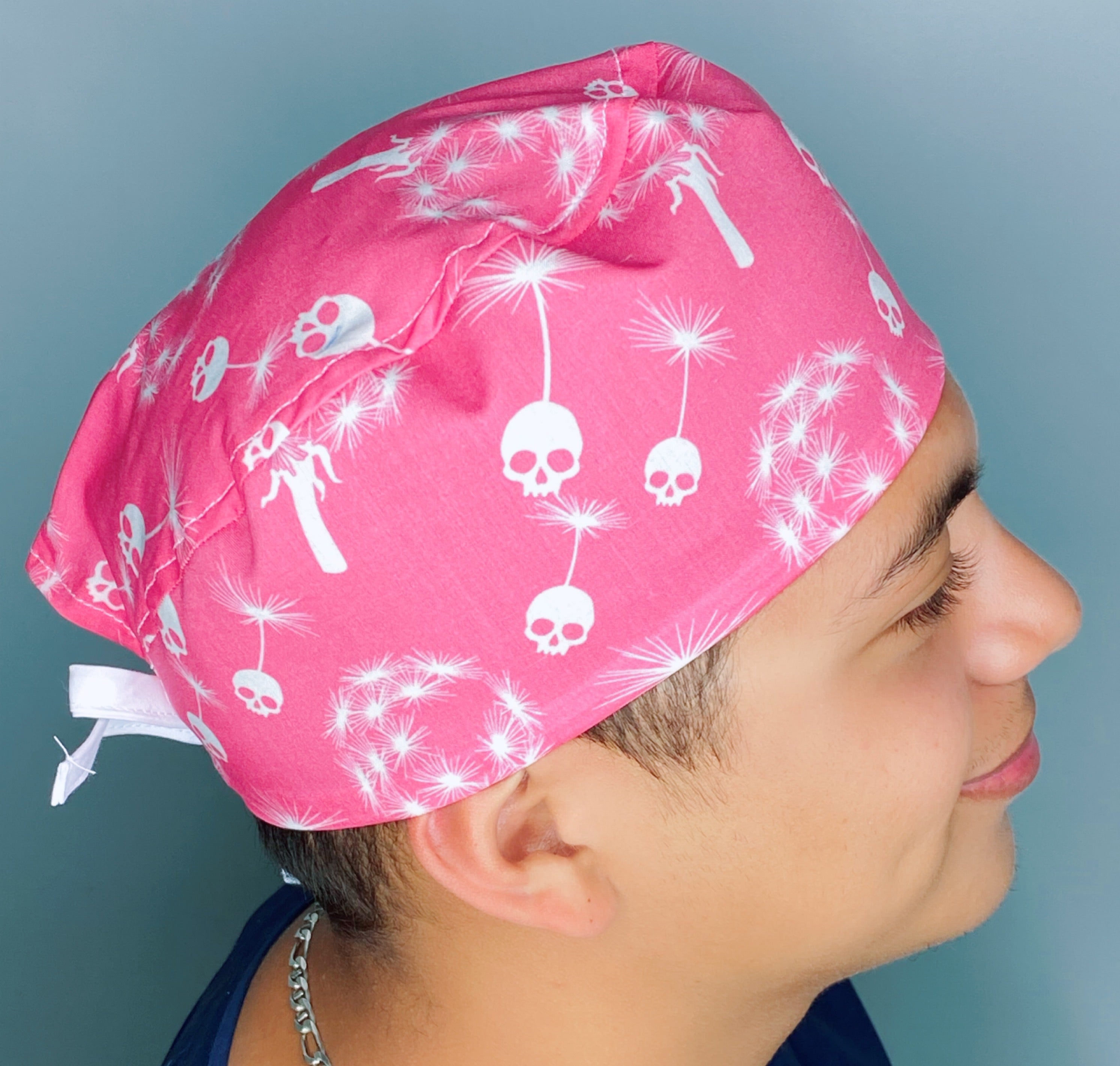 Skull Dandelions on Pink Floral Design Unisex Cute Scrub Cap