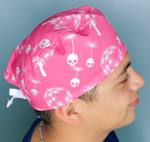 Skull Dandelions on Pink Floral Design Unisex Cute Scrub Cap