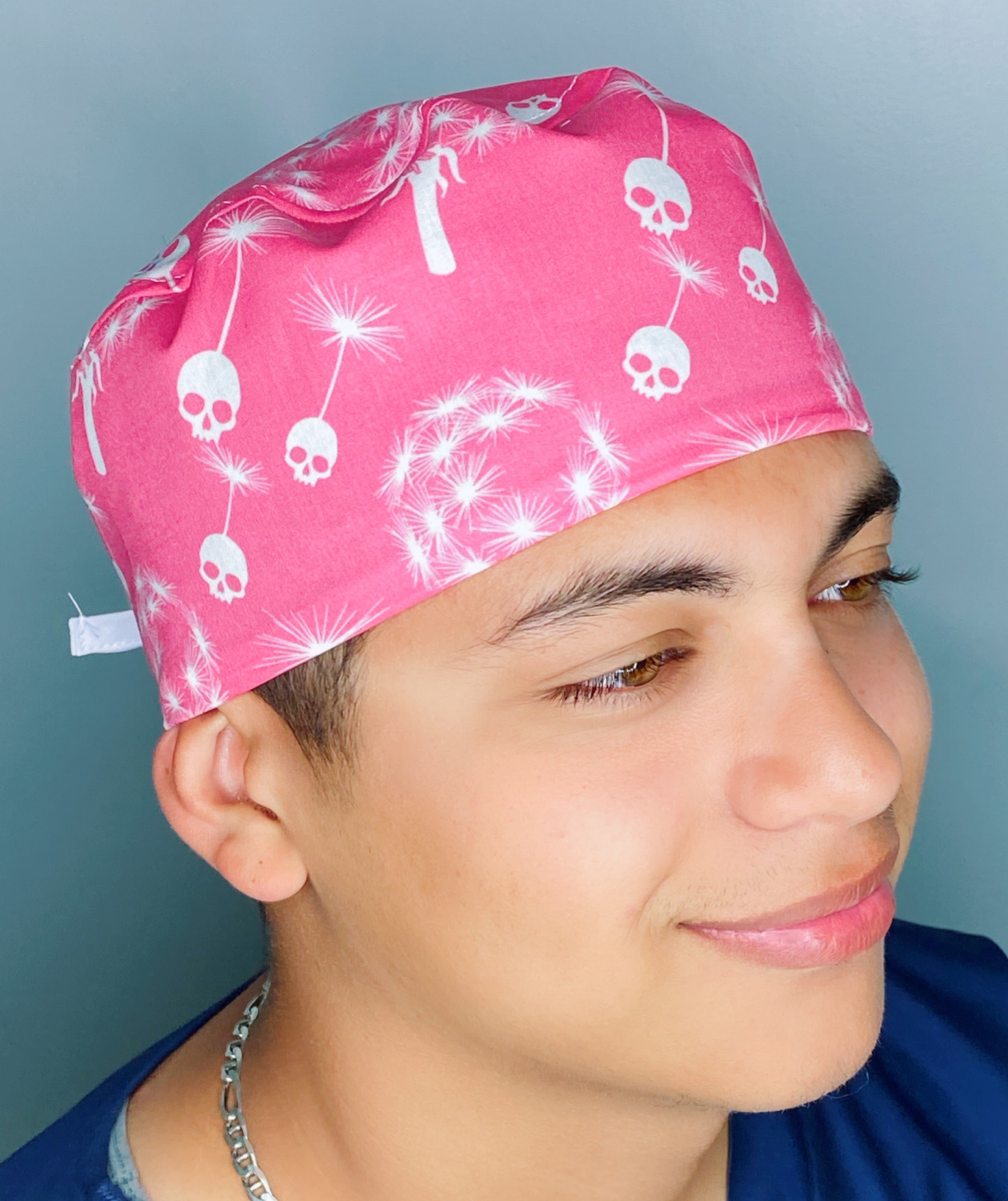 Skull Dandelions on Pink Floral Design Unisex Cute Scrub Cap