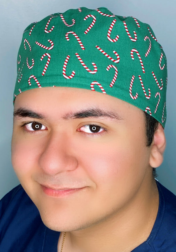 Candy Canes on Green Christmas/Winter themed Unisex Holiday Scrub Cap