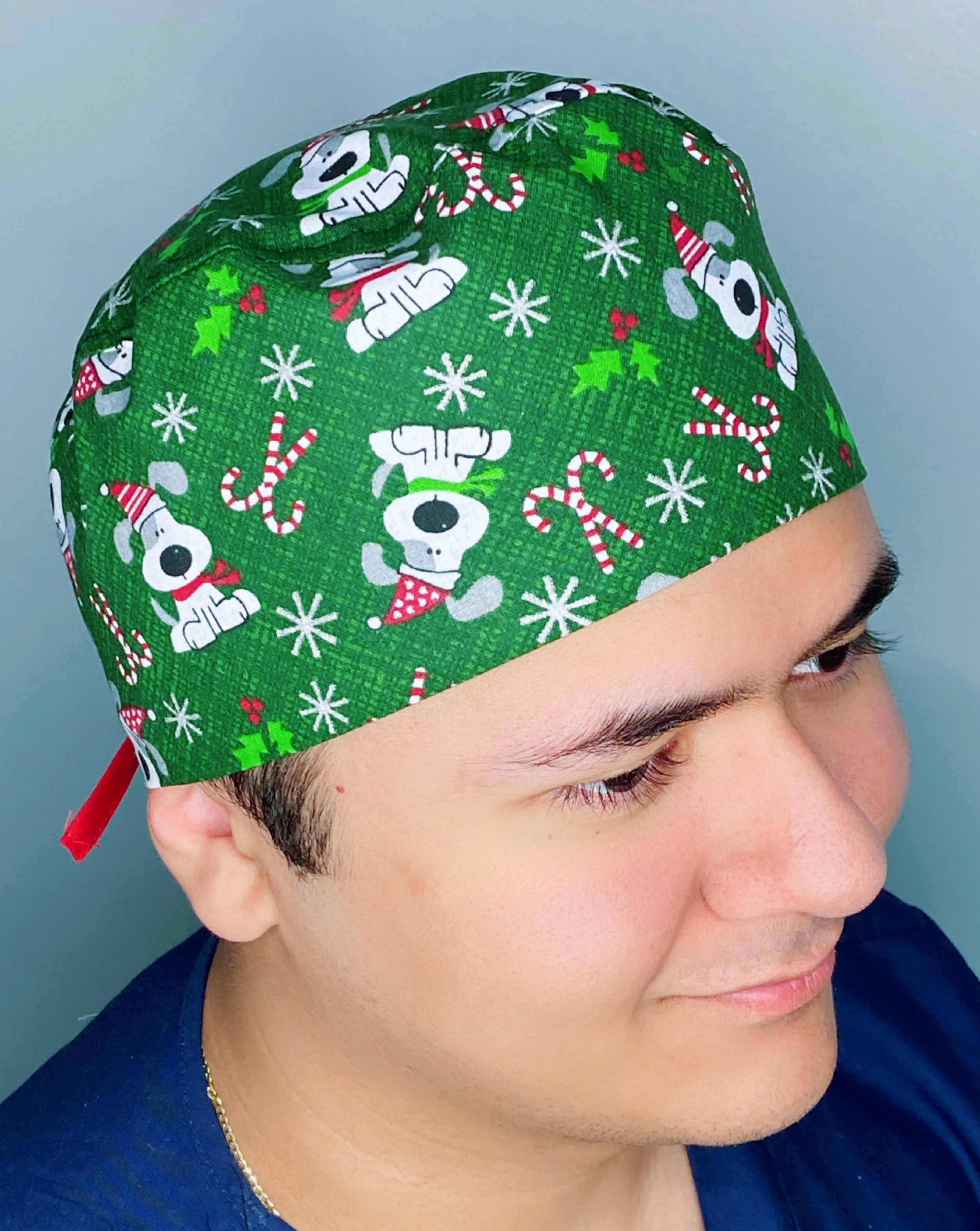 Winter Pups on Green Christmas/Winter themed Unisex Holiday Scrub Cap
