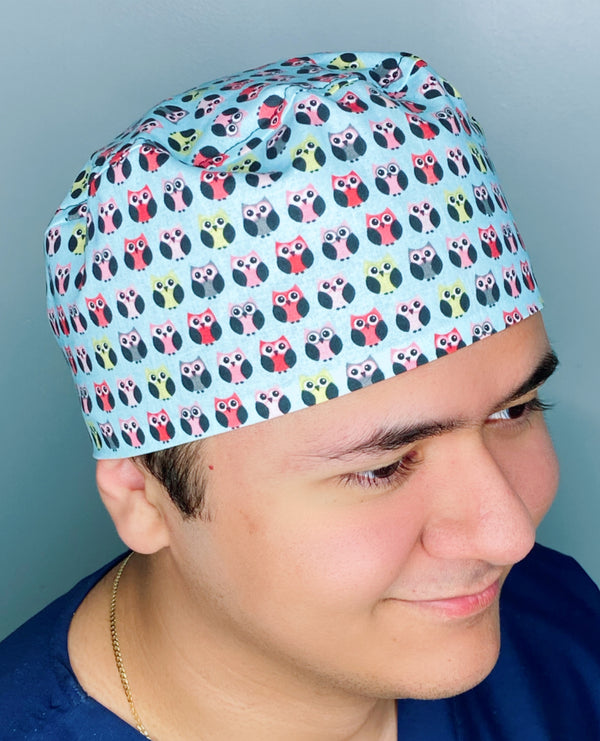 Small Colorful Owls on Blue Unisex Animal Scrub Cap